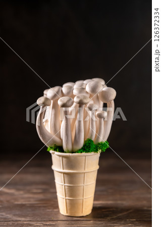 Closeup of a bunch of shimeji mushrooms on wooden background, with selective focus Closeup of a bunch of shimeji mushrooms on wooden background, with selective focus 126372334