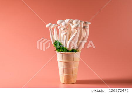 shimeji mushrooms with green moss in an ice cream cone, on bright, colorful, pink background shimeji mushrooms with green moss in an ice cream cone, on bright, colorful, pink background 126372472