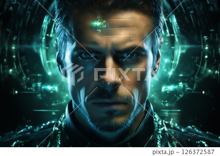 portrait of a man with green holography around his face on a dark background, looks like a hacker, particles of light, cybernetics, science fiction concept and cyber art portrait of a man with green holography around his face on a dark background, looks like a hacker, particles of light, cybernetics, science fiction concept and cyber art 126372587