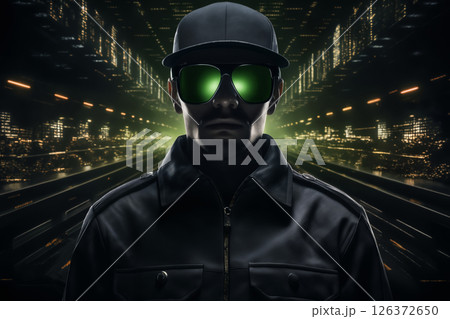 portrait of a man with cap and jacket on a night city street background, his glasses reflected green light, looks like a hacker, digital future concept and cyber art portrait of a man with cap and jacket on a night city street background, his glasses reflected green light, looks like a hacker, digital future concept and cyber art 126372650