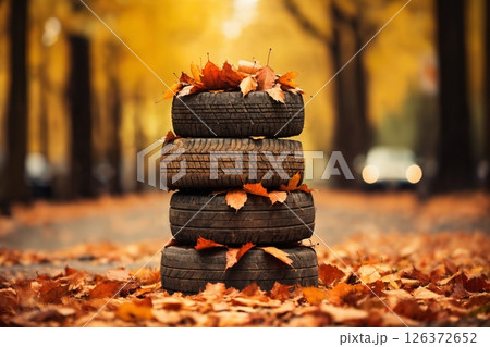 old car tires decorated with bright yellow leaves on the road in the autumn forest 126372652