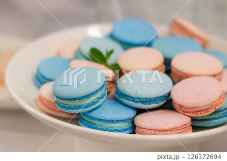 Colorful macarons displayed on a white plate at a delightful gathering in a charming cafe 126372694