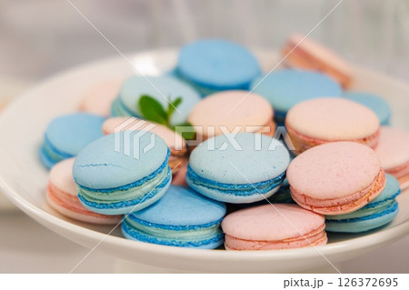 Delightful pastel macarons arranged on a beautiful white plate at a springtime gathering Delightful pastel macarons arranged on a beautiful white plate at a springtime gathering 126372695