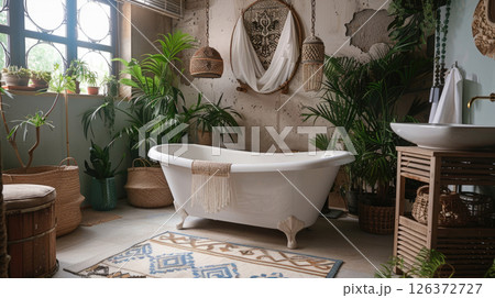 Sunny boho bathroom with rattan decor, terracotta accents and lush greenery. Natural textures and vintage details, relaxed bohemian vibe. Interior design and wellness content Sunny boho bathroom with rattan decor, terracotta accents and lush greenery. Natural textures and vintage details, relaxed bohemian vibe. Interior design and wellness content 126372727