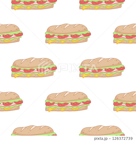 A cute seamless pattern with submarine sandwich with tomatoes, bacon, lettuce and chees. Restaurant delivery packaging template. Great for backgrounds, banner, wrapping paper, fabric, notebook cover. A cute seamless pattern with submarine sandwich with tomatoes, bacon, lettuce and chees. Restaurant delivery packaging template. Great for backgrounds, banner, wrapping paper, fabric, notebook cover. 126372739