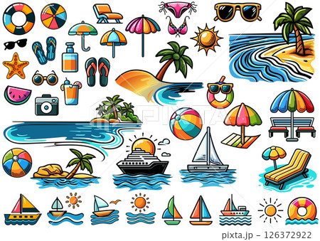 Set of Colorful Summer Holiday Icons Set of Colorful Summer Holiday Icons 126372922