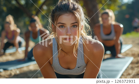 Fit people doing push-ups at the park 126372931