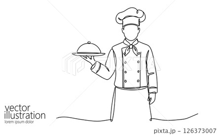 Chef presents dish one line drawing. Single continuous line cook serving food minimal style. Restaurant catering cooking culinary food service artwork. Simple outline white background vector Chef presents dish one line drawing. Single continuous line cook serving food minimal style. Restaurant catering cooking culinary food service artwork. Simple outline white background vector 126373007