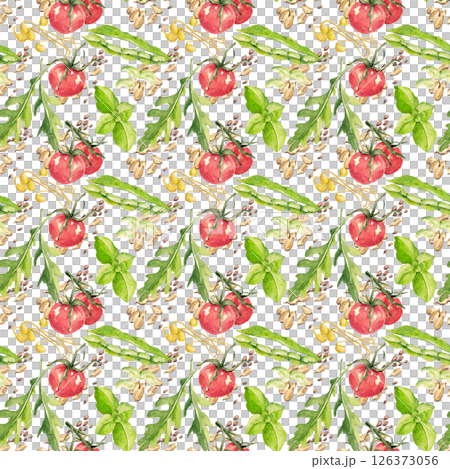 Summer watercolor seamless pattern. Vegetables for fresh salad: tomatoes, green peas, seeds, basil and sprouted beans. Perfect for your kitchen or cafe design 126373056