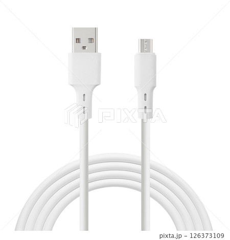 white cable for charging and synchronization with USB and Micro USB connectors on a white isolated background 126373109