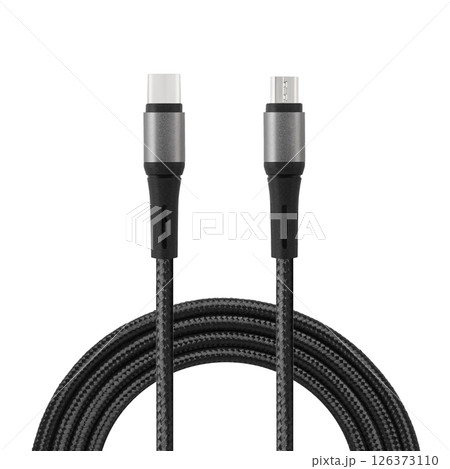 Black cable for charging and synchronization with Type - C and Micro USB connectors on a white isolated background 126373110
