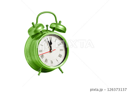 retro clock, pointer clock, green color alarm clock on isolated white background retro clock, pointer clock, green color alarm clock on isolated white background 126373137