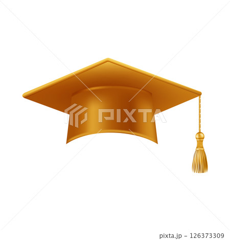 Realistic gold graduate cap. 3D Graduation Doctoral hat. 126373309