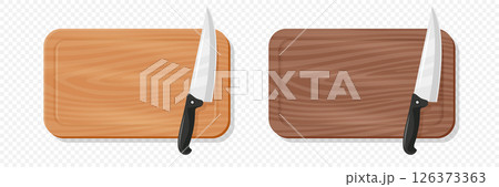 Wooden Cutting Board with Meat Cleaver, Vector Illustration. Kitchen Chopping Board for Food Preparation. Butcher Knife for Meat Cutting. Kitchenware for Cooking, Culinary Tool for Restaurants 126373363