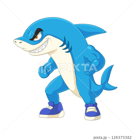 Angry blue shark cartoon wearing shoes 126373382