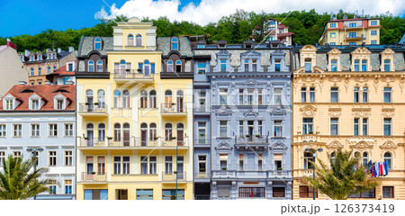 Karlovy vary spa town showing colorful facades of traditional buildings on a sunny day 126373419