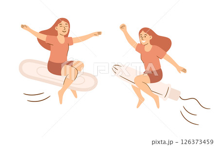 Feminine Hygiene Vector Illustration. Confident Woman Riding Sanitary Pad and Tampon. Feminine Hygiene Vector Art for Menstrual Health, Feminine Hygiene Concept. Period Care, Womens Freedom, Comfort Feminine Hygiene Vector Illustration. Confident Woman Riding Sanitary Pad and Tampon. Feminine Hygiene Vector Art for Menstrual Health, Feminine Hygiene Concept. Period Care, Womens Freedom, Comfort 126373459