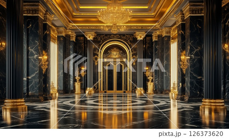 Elegant black palace hall with golden details and marble flooring 126373620
