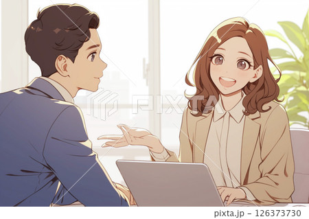 コーチング_男性の部下に評価を話す女性管理職_イラスト1 126373730