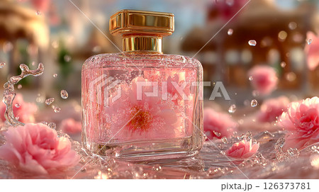 Elegant perfume bottle with golden cap, featuring a suspended pink flower inside, surrounded by water splashes and blossoms 126373781