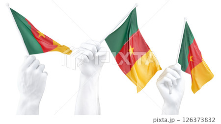 Hand holding flag of Cameroon. Isolated 3d Rendering 126373832