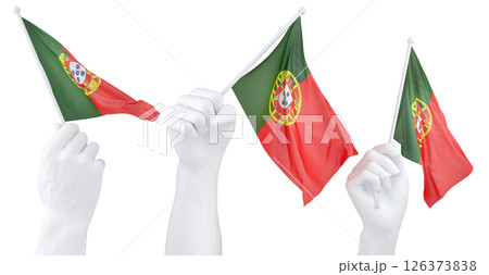 Hand holding flag of Portugal. Isolated 3d Rendering 126373838