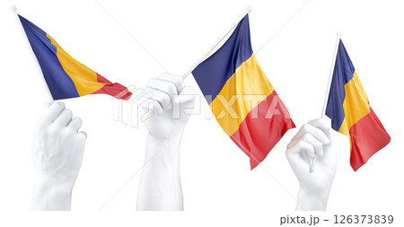 Hand holding flag of Romania. Isolated 3d Rendering 126373839