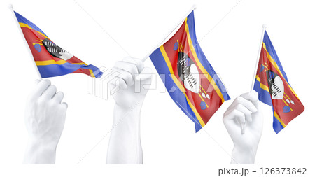 Hand holding flag of Eswatini (Swaziland). Isolated 3d Rendering 126373842