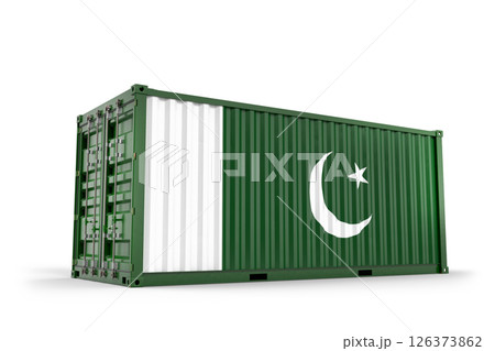 Pakistani flag on cargo container representing international trade and transportation. 3D Rendering 126373862