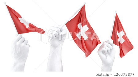 Hand holding flag of Switzerland. Isolated 3d Rendering 126373877