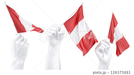 Hand holding flag of Peru. Isolated 3d Rendering 126373881