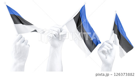 Hand holding flag of Estonia. Isolated 3d Rendering 126373882