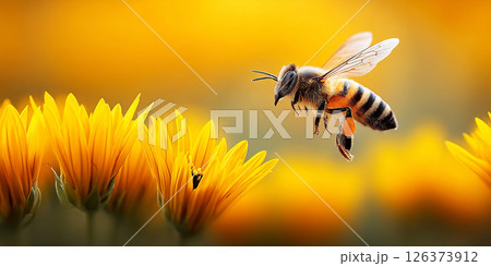 Bees collect nectar from vibrant yellow flowers during a sunny spring day in a blooming garden 126373912
