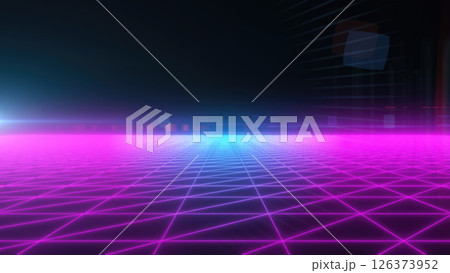 A glowing pink digital grid leading to a distant futuristic cityscape, with a cyberpunk aesthetic 126373952