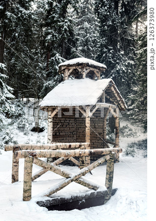Gazebo and bridge made of birch. 126373980