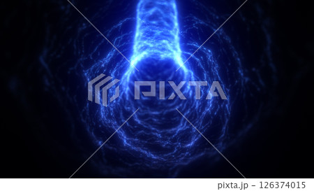 Bright electric blue light particles forming a digital tunnel with flowing motion and vibrant intensity Bright electric blue light particles forming a digital tunnel with flowing motion and vibrant intensity 126374015