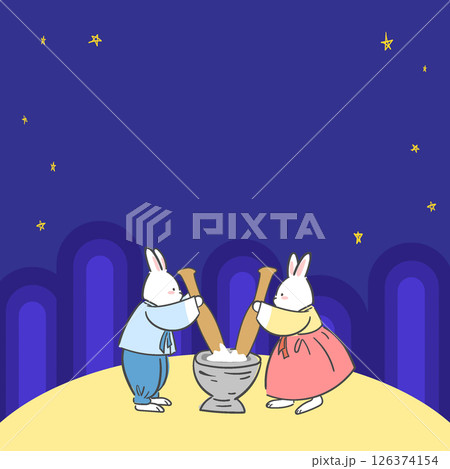 A Chuseok illustration with a full moon and a rabbit making rice cake 126374154