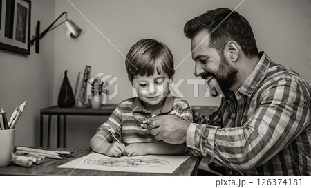 Baby, toddler son todler and his father together side by side. Banner concept for father's day, fatherhood, tenderness of a single father Baby, toddler son todler and his father together side by side. Banner concept for father's day, fatherhood, tenderness of a single father 126374181
