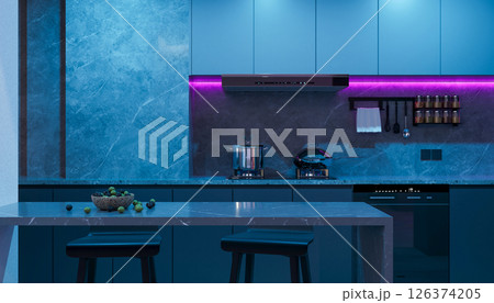 The kitchen elements is transformed by vibrant, colored lighting 126374205