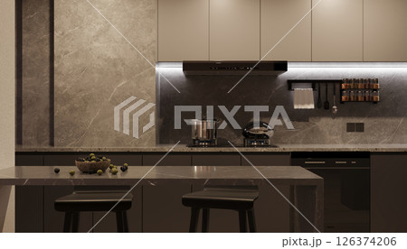 A modern kitchen showcases its elements under soft white lighting, creating a sophisticated and warm atmosphere 126374206