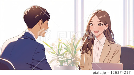 コーチング_男性の部下に評価を話す女性管理職_イラスト5 126374217