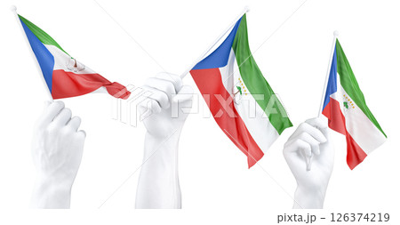 Hand holding flag of Equatorial Guinea. Isolated 3d Rendering 126374219