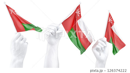 Hand holding flag of Oman. Isolated 3d Rendering 126374222
