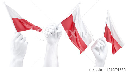 Hand holding flag of Poland. Isolated 3d Rendering Hand holding flag of Poland. Isolated 3d Rendering 126374223