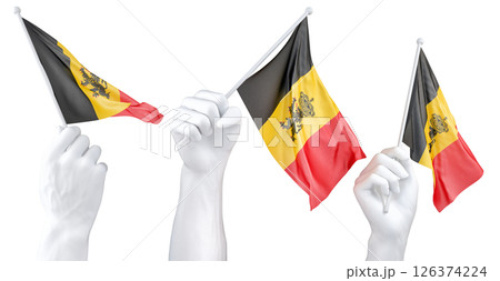 Hand holding flag of Belgium with Coat of arms. Isolated 3d Rendering 126374224