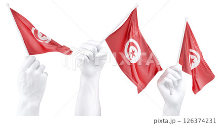 Hand holding flag of Tunisia. Isolated 3d Rendering 126374231