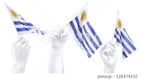 Hand holding flag of Uruguay. Isolated 3d Rendering 126374232