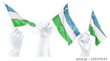 Hand holding flag of Uzbekistan. Isolated 3d Rendering Hand holding flag of Uzbekistan. Isolated 3d Rendering 126374243