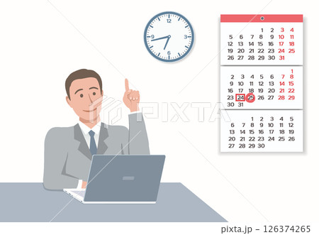 Businessman sits at his desk with laptop and gesture of good idea. 126374265