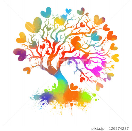 colored Tree with hearts and blots. print on T-shirt. hand drawing. Not AI. Happy Valentine's Day. Vector illustration. 126374287